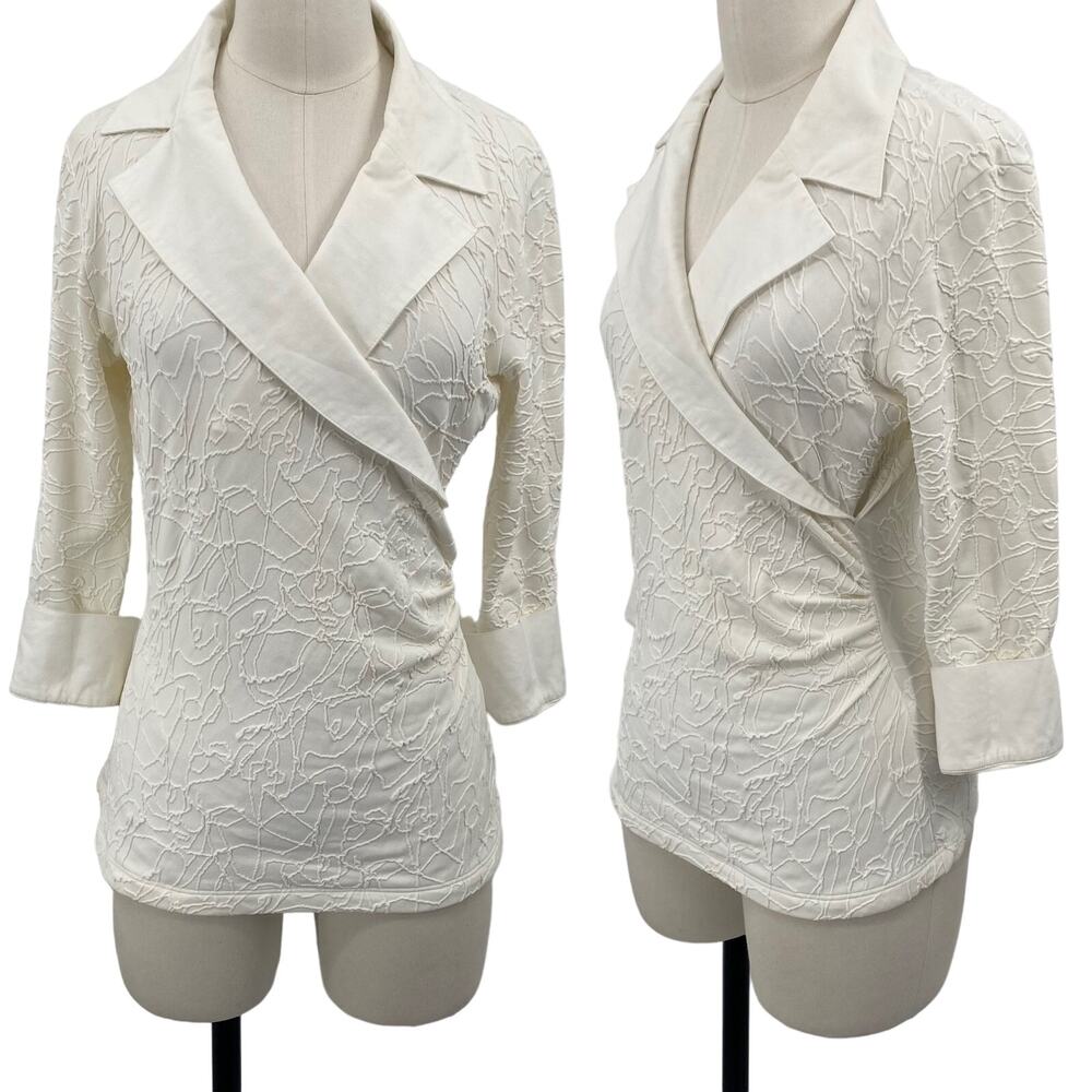 Anne Fontaine Embossed Stretch Blouse Collared Surplice V Neck Off White 4 Small